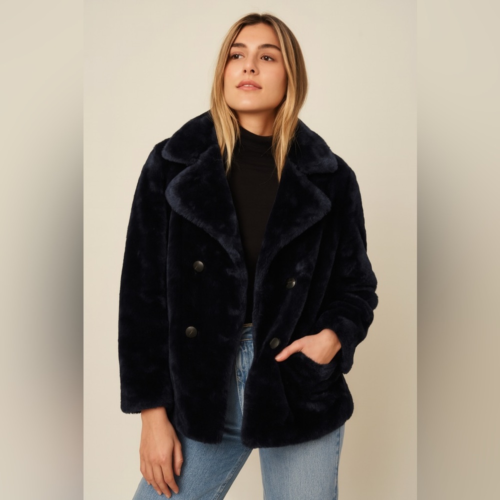 Vintage Monterey Fashions Navy Blue Faux Fur Teddy Coat Sz. S